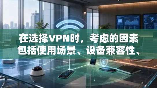 在选择VPN时,考虑的因素包括使用场景、设备兼容性、数据保护、使用习惯、服务特点、用户评价、基本信息、网络环境、存储需求和技术需求。以下是根据这些因素综合后的选择 在选择VPN时,考虑的因素包括使用场景、设备兼容性、数据保护、使用习惯、服务特点、用户评价、基本信息、网络环境、存储需求和技术需求。以下是根据这些因素综合后的选择